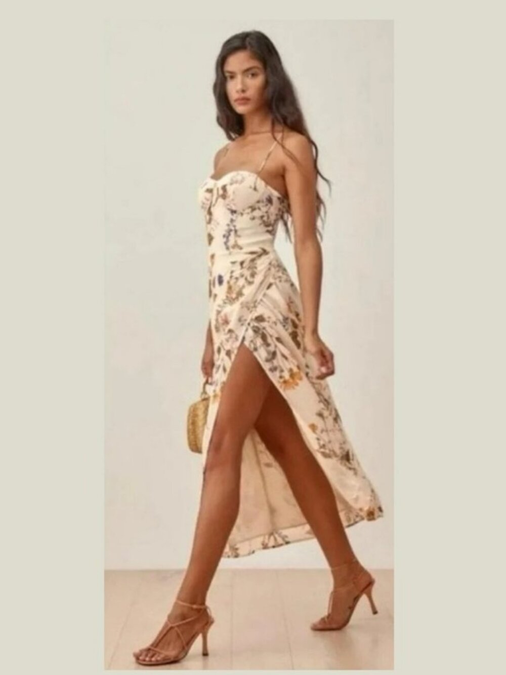 Reformation Cream Floral Kourtney Side Slit Midi Dress Sz 2 - Picture 3 of 16